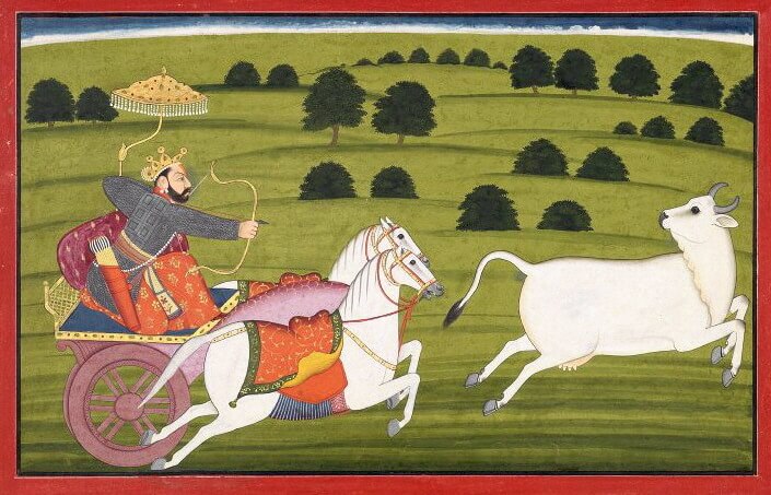 Prithu chasing Prtihivi in a cow form